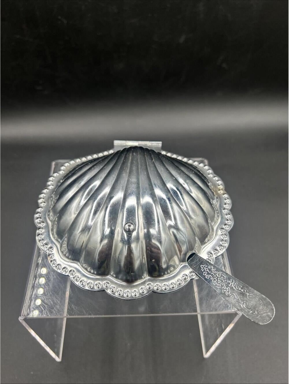 Clam Shell Butter Caviar Dish Glass Insert Trinket Dish Beach Decor VTG